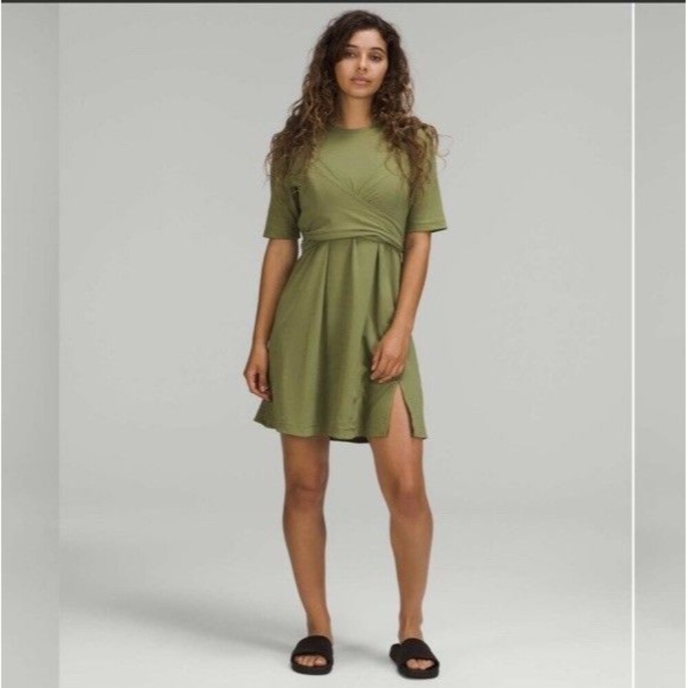 Lululemon Pima Cotton Wrap Tie Front T-Shirt Dress Bronze Green Sz 10 w/ RipTag